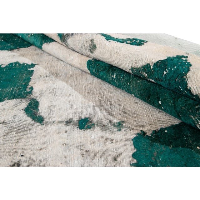 1950s Vintage Distressed Handmade Abstract Green Wool Rug 7' X 9'5" For Sale - Image 5 of 7