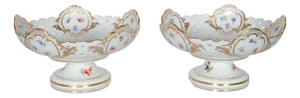 Pair of Antique German Meissen Porcelain Openwork Compotes Footed Handpainted Gilt Floral Bowls, Circa 1850
