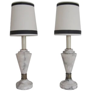 Art Deco White Carrara Marble Table or Bedside Lamps, Pair