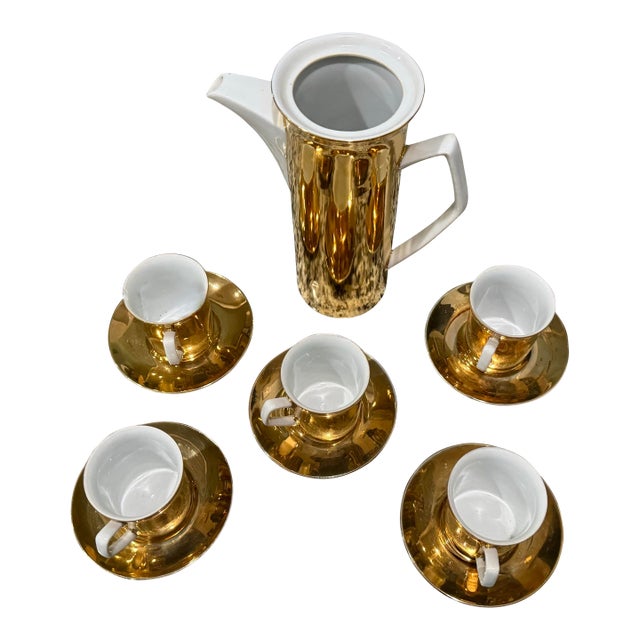 Vintage Gold-Gilded Porcelain Espresso Set - 11 pcs For Sale