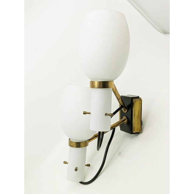 1950s Mid-Century Italian Black Metal, Brass and Opaline Glass Sconces, 1950s, Set of 2 For Sale - Image 5 of 18
