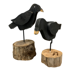 Late 20th Century Pair of Vintage John Brannon Folk Art Wooden Black Crows on Stands