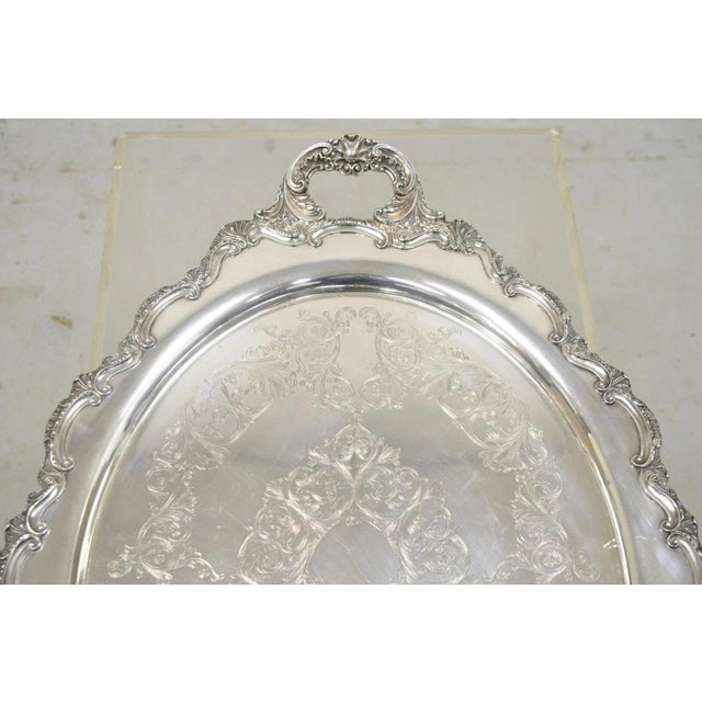 Antique English Victorian Silver Plated Large Oval Serving Platter Bar Tray For Sale - Image 4 of 11