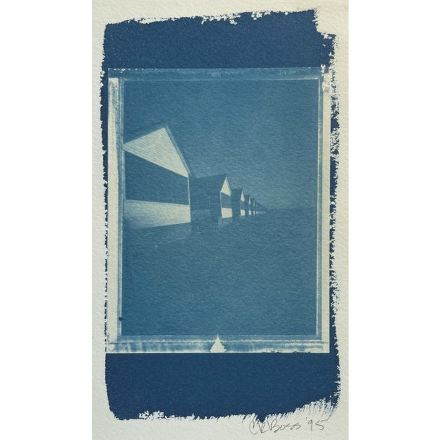 This is an original cyanotype print on cotton rag paper from a negative captured using a pinhole camera with a Polaroid...
