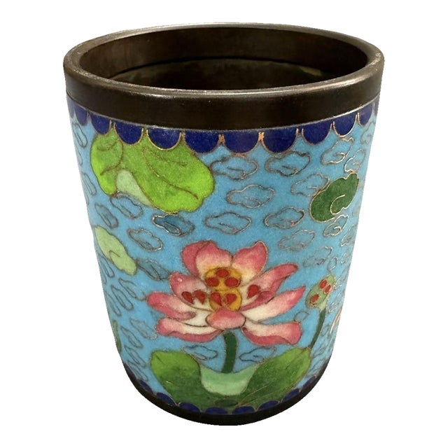 Vintage Cloisonné Enamel Lotus Pen Holder / Vase For Sale