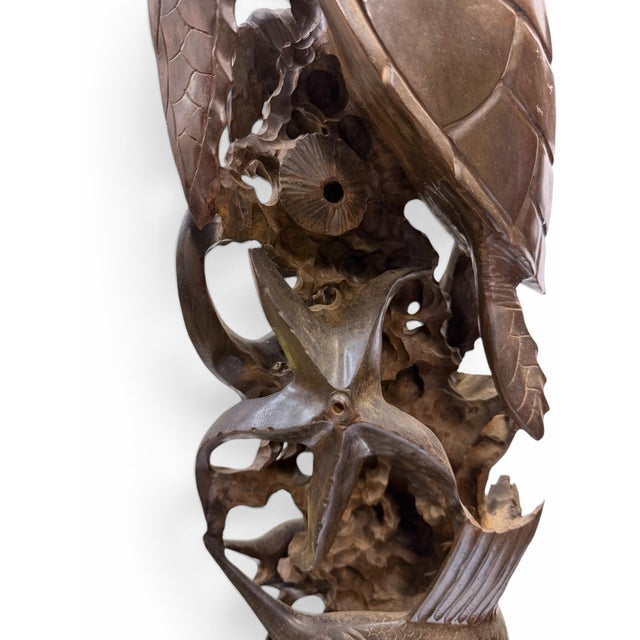 Mid 20th Century Pair of Monumental Mid-Century Guayacan Wood Sea Life Totem Sculptures - 35.5" & 38" For Sale - Image 10 of 11
