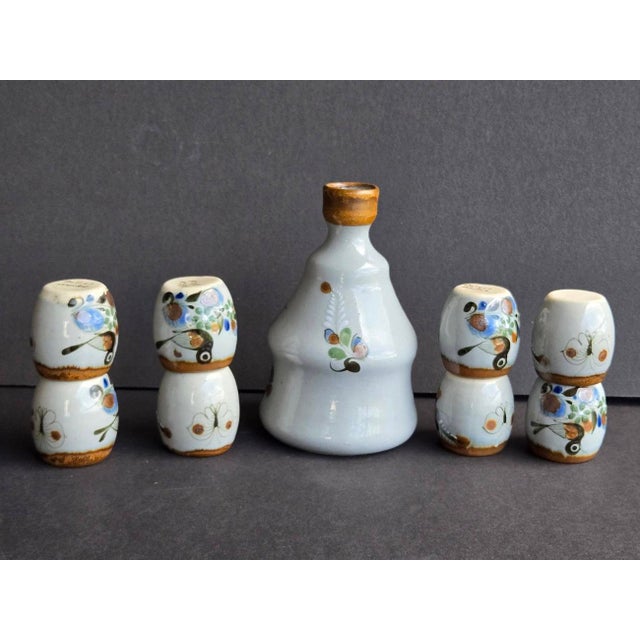 Majolica Vintage Tonalá Mexico Ceramic Decanter and Shot Cups, 9 Pieces For Sale - Image 4 of 13