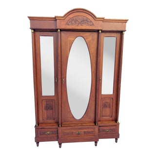 Antique 1920s Solid Oak Art Deco Wardrobe / Armoire With Floral Carvings & Beveled Mirror For Sale