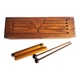 Vintage Wood Tongue Drum and Clave Percussion Sticks, 5 Piece Set For Sale