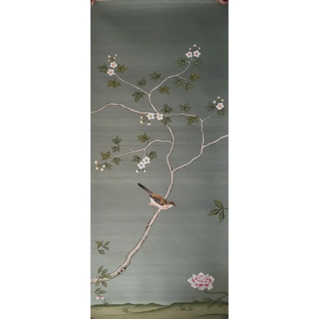Chinoiserie Chinoiserie Floral Mural Hand Painted Wallpaper - 3 Panels For Sale - Image 3 of 3