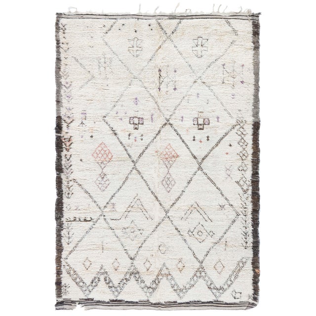Doris Leslie Blau Moroccan Vintage Geometric Cream Hand-Knotted Wool Rug For Sale