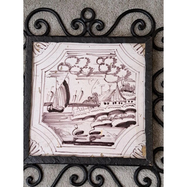 Mid 19th Century Dutch Manganese Delft Decorative Framed Tiles Nautical Scenes- Set of 4 For Sale - Image 4 of 12