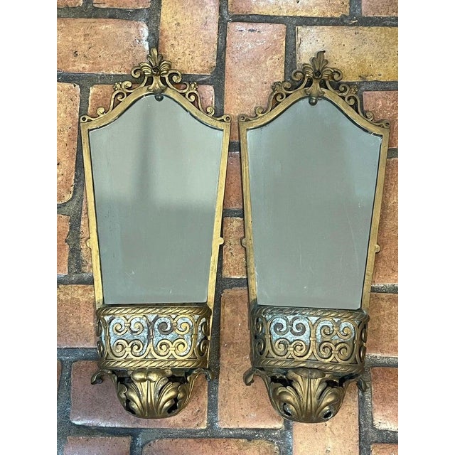 Early 20th Century Pair of Antique Art Deco Gilt Mirrored Sconces For Sale - Image 5 of 18