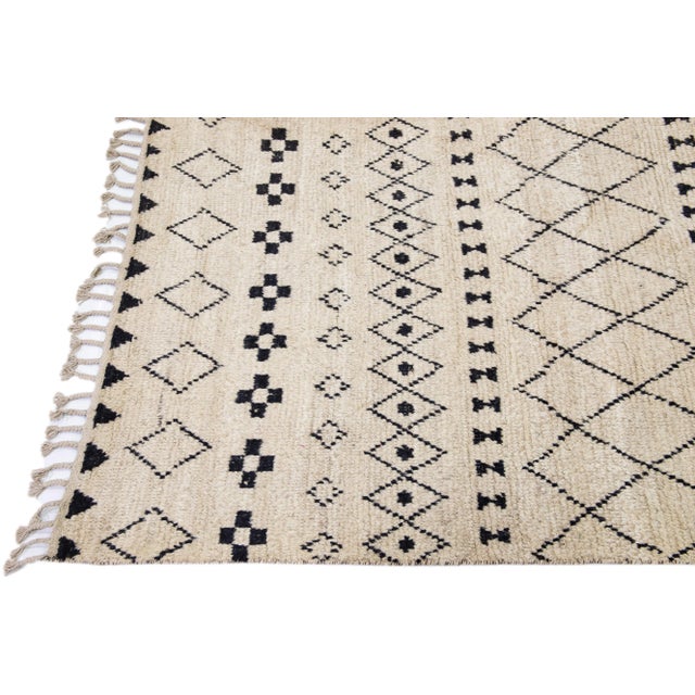 Contemporary Moroccan Style Handmade Tribal Beige Wool Rug For Sale - Image 9 of 14