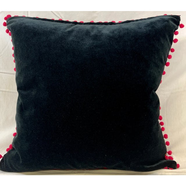 20" Square Decorative Throw Pillow With a Modern Paisley Floral Pattern in Bright Pinks, Yellows & Blues Framed by Bright Pink Pom-Poms For Sale - Image 10 of 11