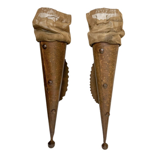 Large Torch Wall Lamps Wrought and Mesh Metal, 1970s, Set of 2 For Sale