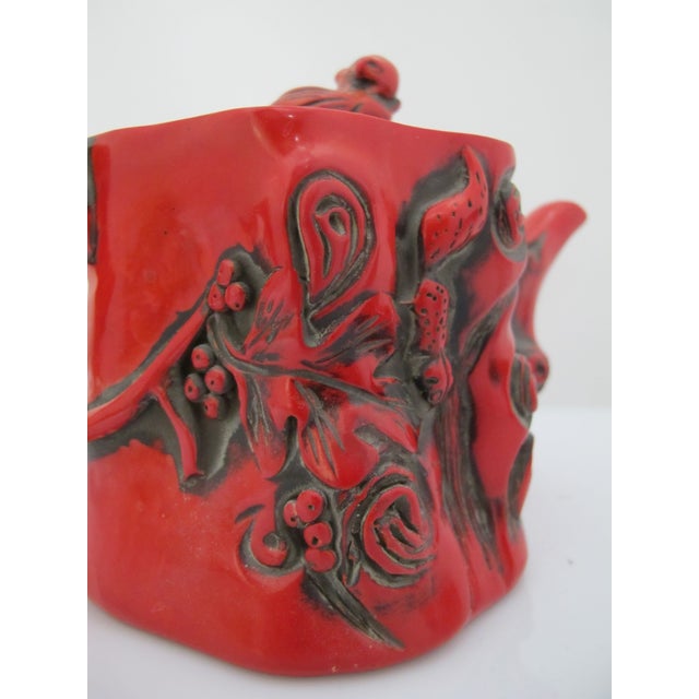 Chinese Red Lacquer Tree Trunk Branch Handle Squirrel Finial Lid Teapot For Sale - Image 15 of 15