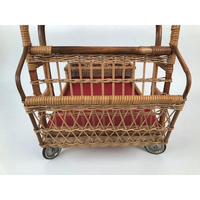 Red Mid-Century Bar Wagon in Wicker with Red Shelves, 1950s For Sale - Image 8 of 14