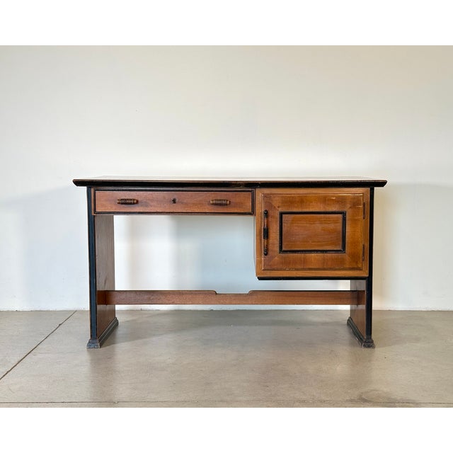 1940s Art Deco desk, walnut wood, black aniline details.