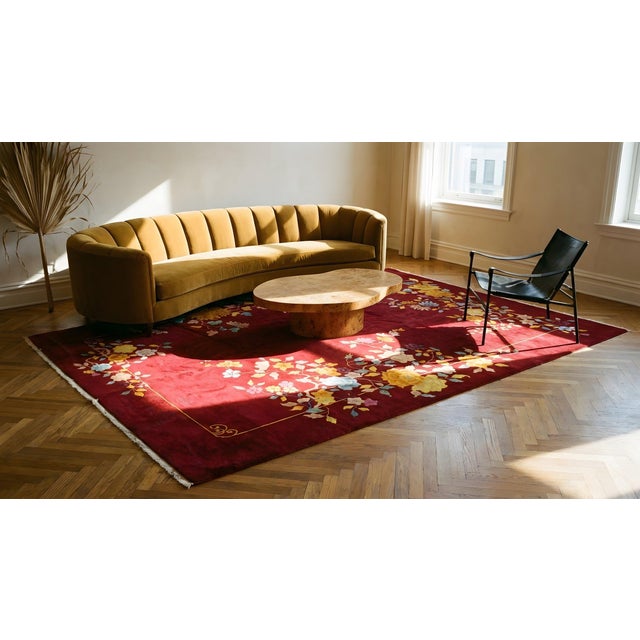Textile 1930s Red Burgundy Floral Antique Chinese Art Deco Rug 8' 6" X 11' 6" Handknotted Wool Carpet For Sale - Image 7 of 9