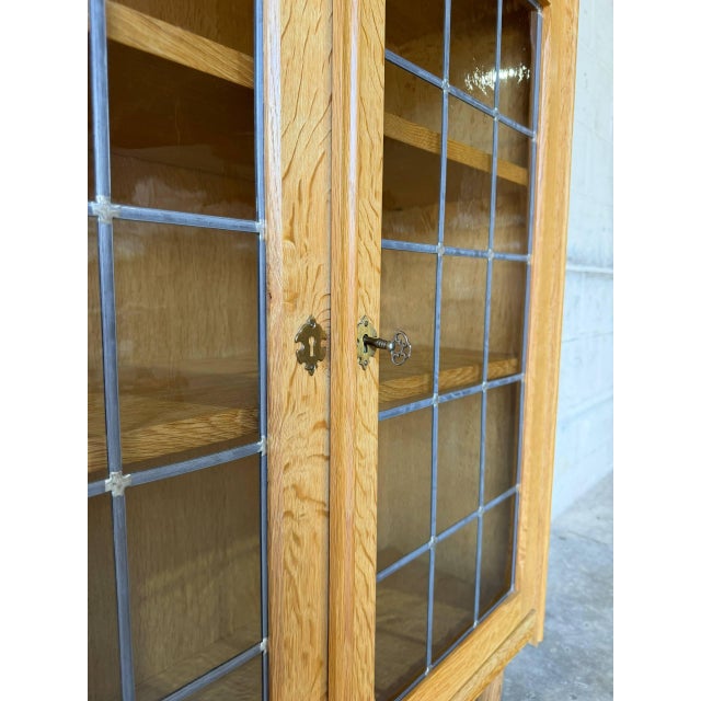 Oak Leaded Glass 2-Door Bookcase Vintage Mid-Century Modern 1970s For Sale - Image 11 of 11