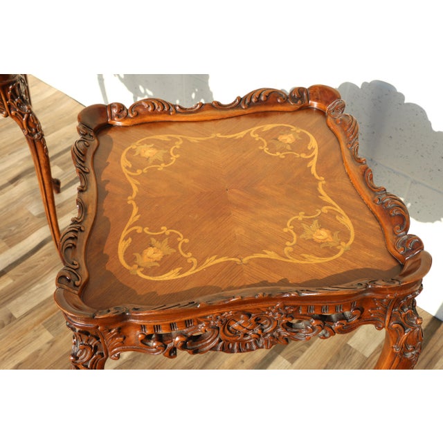 Pair of Louis XV Style Marquetry Side Tables/End Tables | French Rococo Revival Carved Wood For Sale - Image 9 of 18