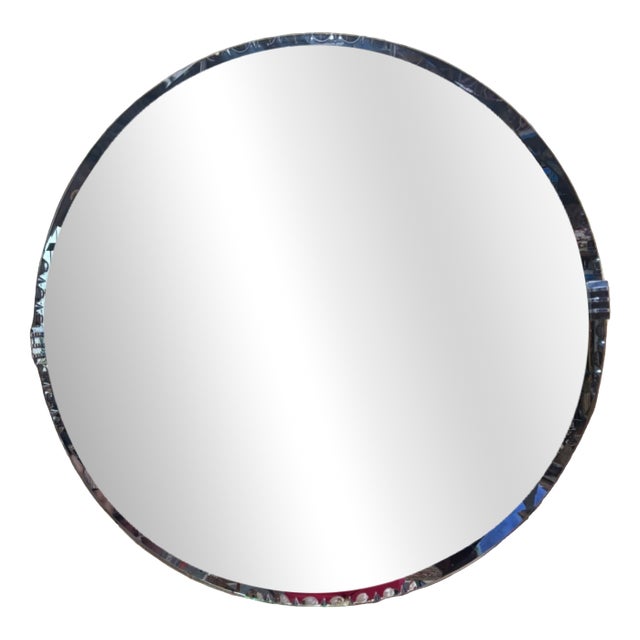 Art Deco Round Mirror Beveled Glass and Chrome Clips, 1930s For Sale