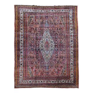 Vintage Persian Bibikabad Rug, Hand-Knotted Wool, Geometric Pattern, Rust Red & Blue, 9x13 For Sale