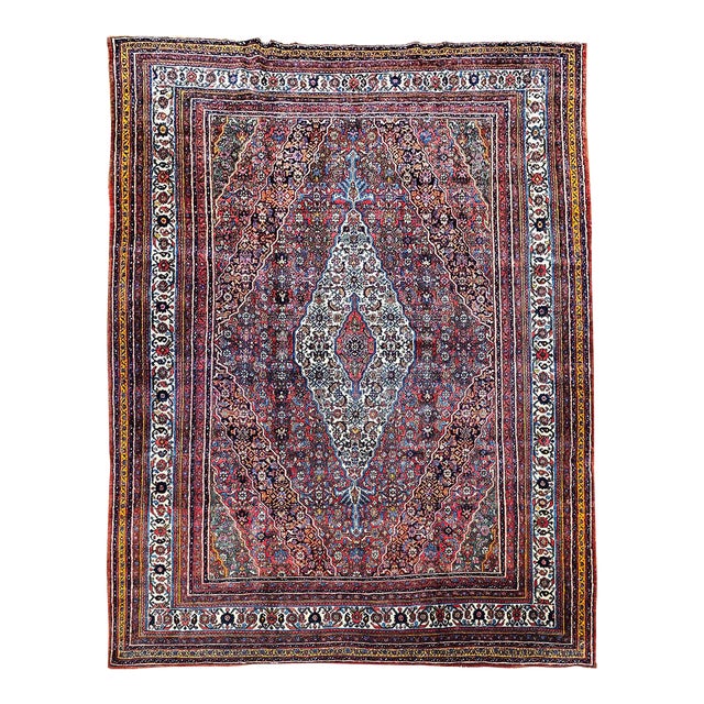 Vintage Persian Bibikabad Rug, Hand-Knotted Wool, Geometric Pattern, Rust Red & Blue, 9x13 For Sale