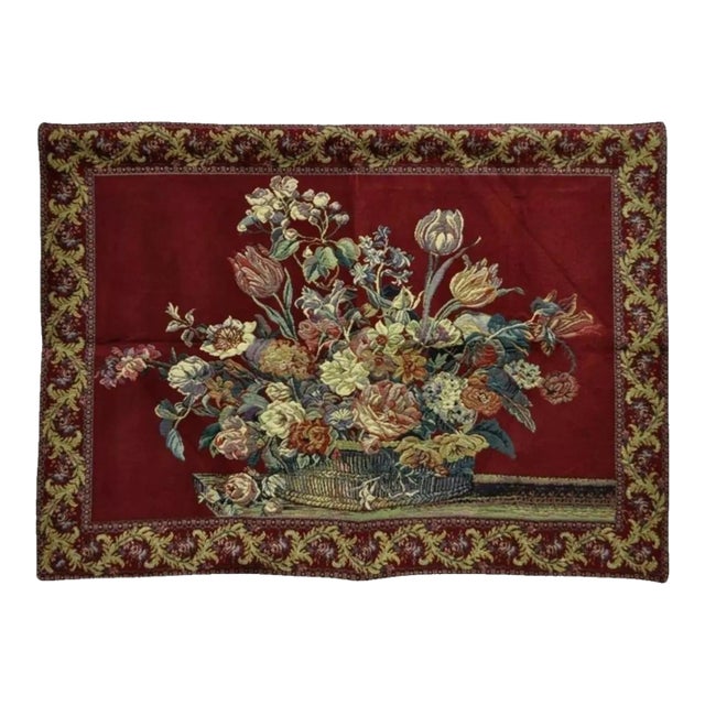 French Wall Hanging Tapestry Jacquard Acanthus Floral Still Life Red For Sale