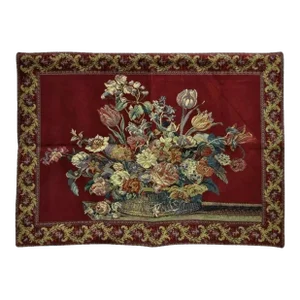 French Wall Hanging Tapestry Jacquard Acanthus Floral Still Life Red
