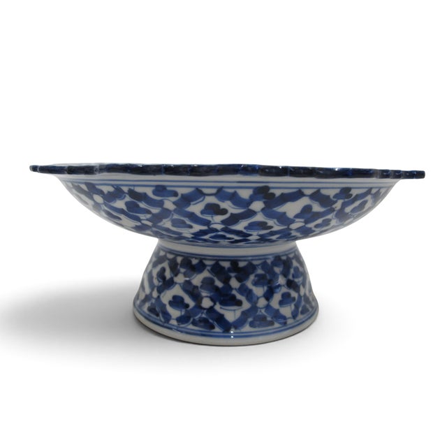 Ceramic Asian Blue & White Porcelain Pair of Tazza Candy Dish or Candle Holder Set For Sale - Image 7 of 8
