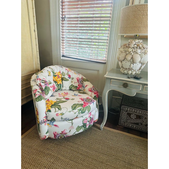 White Vintage Swivel Chair Reupholstered in Brunswick and Fils Fabric For Sale - Image 8 of 8