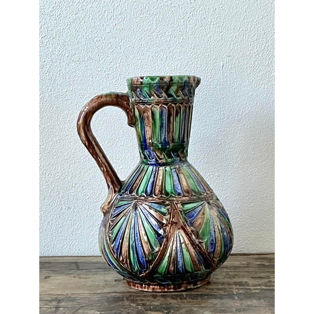 Mid-Century Modern Vintage Hand Painted Glazed Ceramic Pitcher For Sale - Image 3 of 11