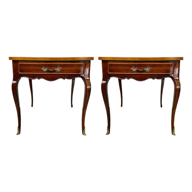 1970s High-Shine French Provincial-Style Inlaid Mahogany Side Tables by Sherrill Furniture - A Pair For Sale