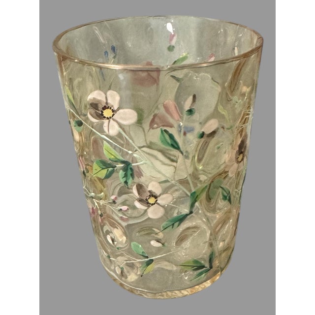 Antique Victorian Floral Hand Painted Enamel Decorated Art Glass Pitcher With 6 Glasses For Sale - Image 4 of 10