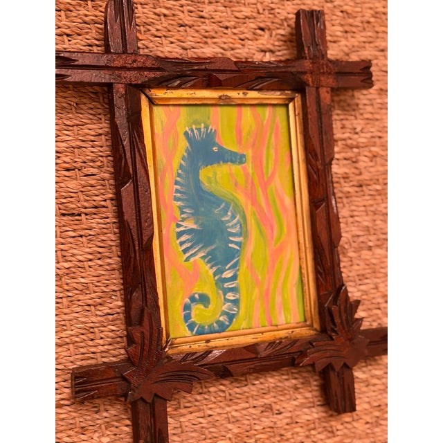 Folk Art Folk Art Seahorse Painting in Antique Frame For Sale - Image 3 of 7
