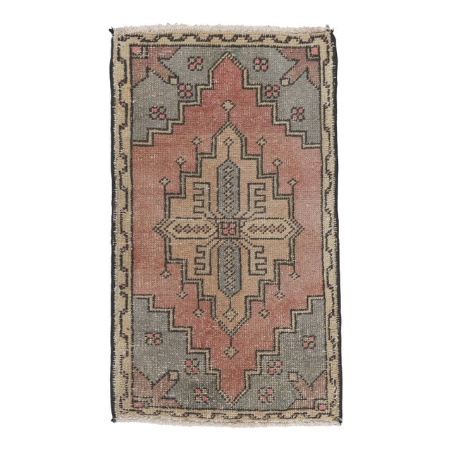 Urkish Tribal Accent Rug for Entryway - Neutral Vintage Turkish Rug With Faded Tribal Motifs -1' 9'' X 3' 3'' For Sale