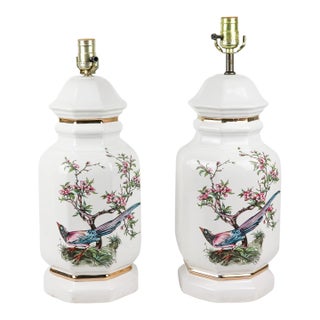 Mid 20th Century Floral Bird Jar Lamps - A Pair For Sale