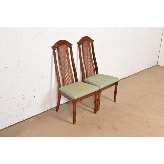 Baker Furniture Company Henredon Style Mid-Century Hollywood Regency Carved Oak and Cane Bamboo Form High Back Side Chairs or Dining Chairs, Pair For Sale - Image 4 of 11