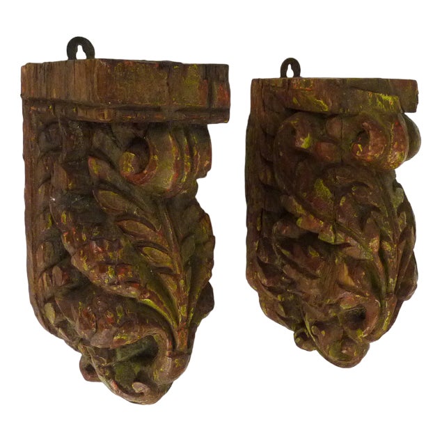 Indian Carved Wooden Wall Candleholders, 19th Century For Sale