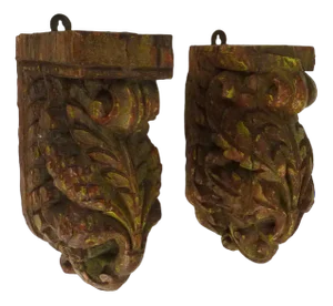 Indian Carved Wooden Wall Candleholders, 19th Century