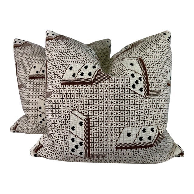 Schumacher "Domino Epingle" in Brown 22" Pillows-a Pair For Sale
