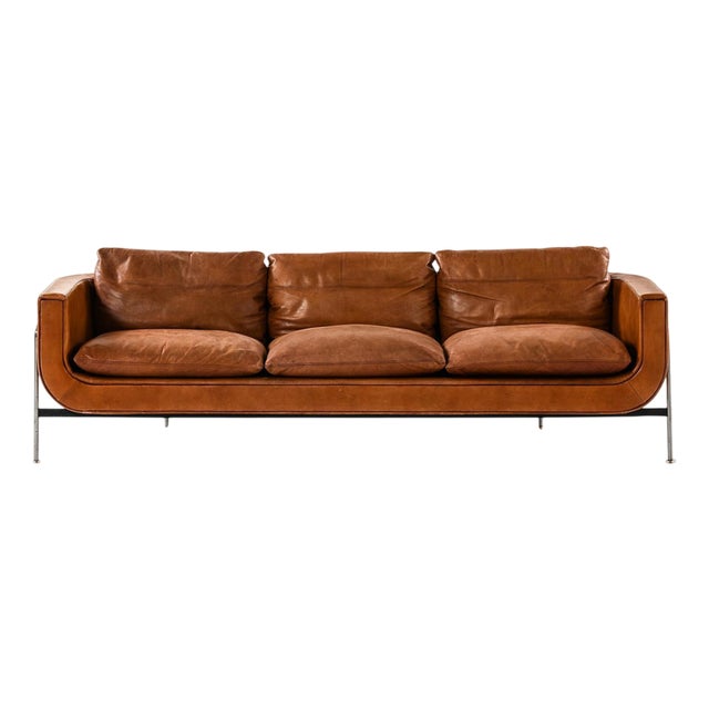 Cognac-Colored Leather Sofa attributed to Jacques Brule, 1963s For Sale