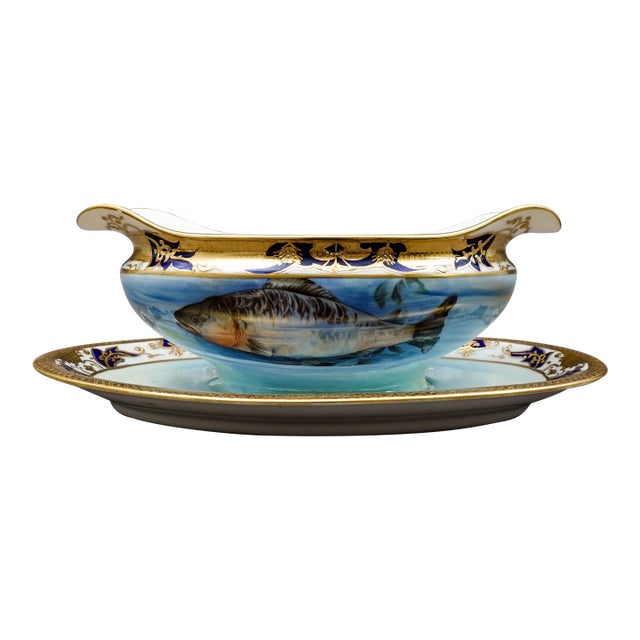 Mid 20th Century Noritake Japan Hand Painted Fish Trout Gravy Sauce Boat & Attached Underplate For Sale