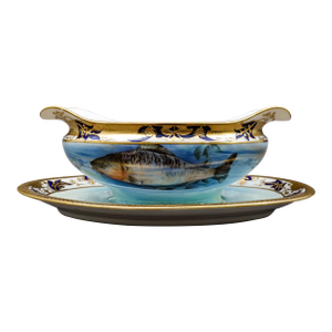 Mid 20th Century Noritake Japan Hand Painted Fish Trout Gravy Sauce Boat & Attached Underplate