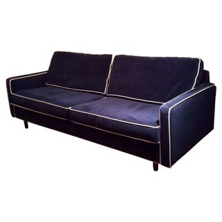 Custom Blue Velvet & White Mahogany-Leg Sofa For Sale