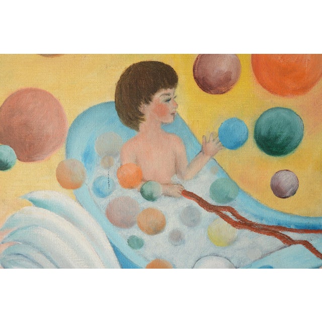 Surrealism Vintage Mid Century Bubble Bath Boy Surrealist Art Painting For Sale - Image 3 of 10