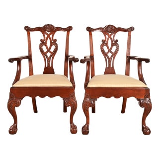 Baker Furniture Chippendale Carved Mahogany Armchairs, Pair For Sale