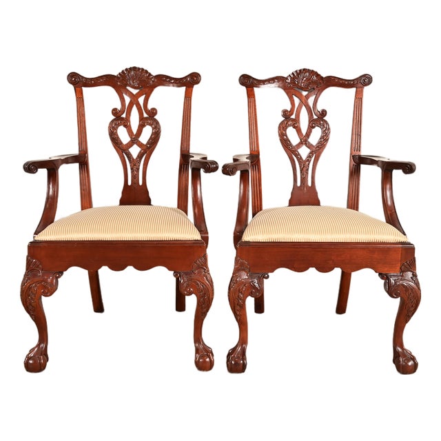 Baker Furniture Chippendale Carved Mahogany Armchairs, Pair For Sale